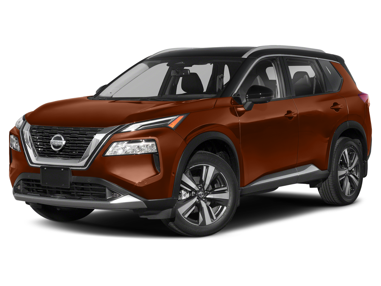 2021 Nissan Rogue Platinum in Sunset Drift Chromaflair/Super Black — front three-quarter view